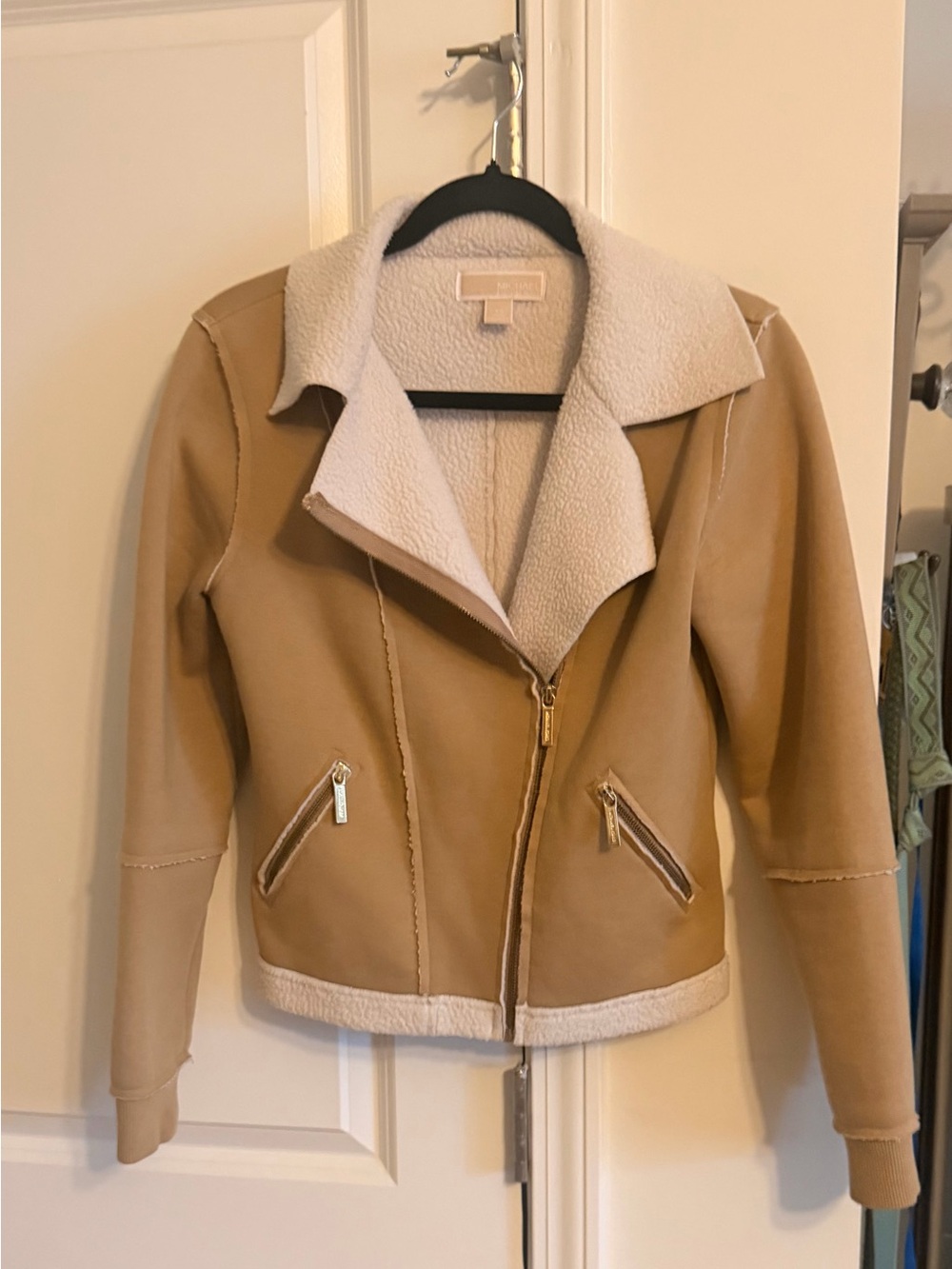 Michael Kors Tan Faux Shearling Lined Zip Jacket